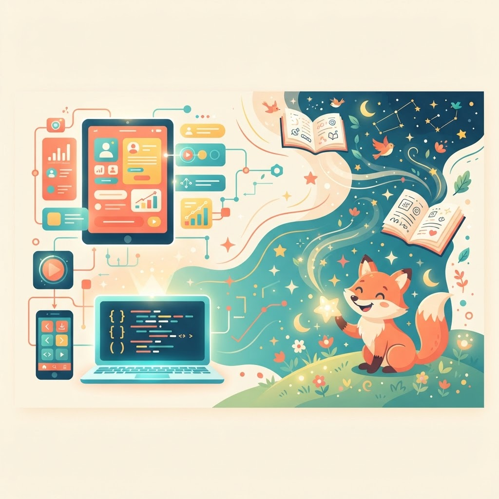 Illustration blending app interfaces and code with whimsical storybook characters